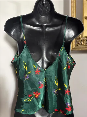 Frederick’s of Hollywood Medium Floral Satin Camisole Tank Top Emerald Green thumbnail 2