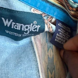 Wrangler Vintage Aztec Brushpopper Navajo Western Cowboy Shirt Turquoise Blue Pearl Snap Rodeo 90s Men XL - measurement in pics thumbnail 3
