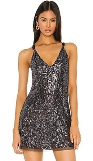 Free People Gunmetal Gray Gold Rush Mini Sequin Dress M‎ thumbnail 1