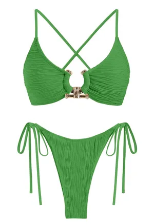 NWT‎ ZAFUL Green Ribbed Metal O Ring High Cut Side Tie Thong Bikini Set Med thumbnail 1