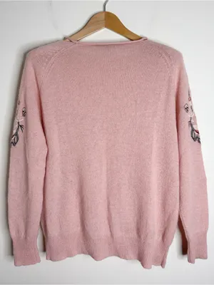 Skull Cashmere Dusty Pink Floral Skull Embroidery Neck Cutout Cashmere Sweater M thumbnail 3