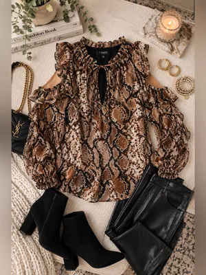 Snake Print Cold Shoulder Ruffle Blouse XS Tie Neck thumbnail 10