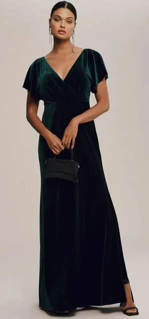 Jenny Yoo Ellis Ruffle-Sleeve Open-Back Green Velvet Wedding Gown 8 Homecoming thumbnail 1
