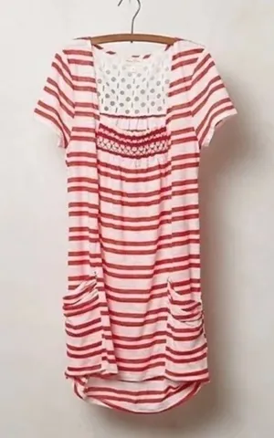 Anthropologie MEADOW RUE Marin Striped Top Smocked Knit Red White Medium thumbnail 1