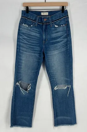 Madewell Retro‎ Cropped Bootcut Jeans Womens 26 Blue Denim Distressed Raw Hem thumbnail 1