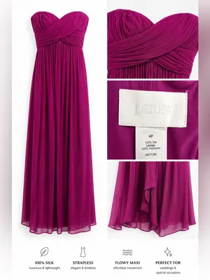 J.Crew 100% Silk Strapless Pleated Maxi Dress Magenta Fuchsia Wedding Guest thumbnail 7