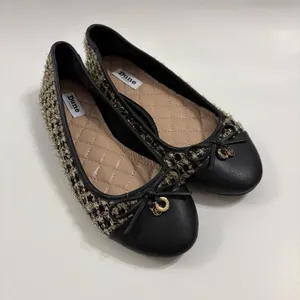 Dune London Hallo Ballet Flats 8 Black Gold Tweed Metallic Bow Logo Charm thumbnail 2