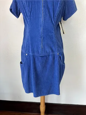 Vintage 80s Deadstock Blue Corduroy Short Sleeve Zip-Front Dress thumbnail 3