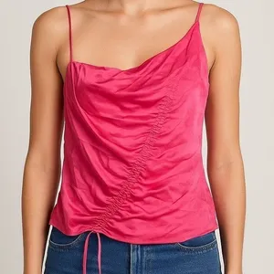 Crescent Womens Tank Top Pink Asymmetrical Ruched Satin Camisole XS thumbnail 1