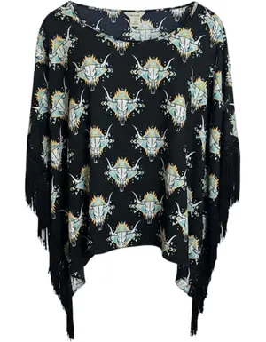 Ariat Poncho Sz L Black Steer Skull Geometric Fringe Western Festival Top‎ thumbnail 1