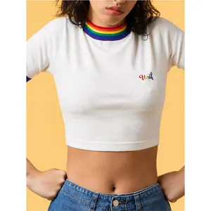 UNIF Rainbow Trim Cropped Tee Women’s Small White Embroidered Logo Y2K Festival thumbnail 2
