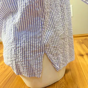 Blue White Striped Seersucker Coastal Blouse Bell Sleeve Scoop Neck Size M/L thumbnail 8
