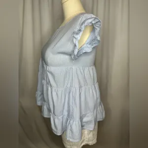 ANDREE BY UNIT Blue White Pinstripe Tiered Babydoll Top Size M (1122) thumbnail 4
