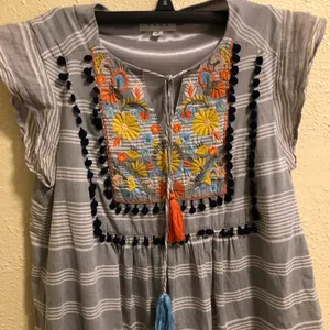 🛍️THML Embroidered Detailed Cap Sleeve Cotton Dress with Pom-pops S thumbnail 2