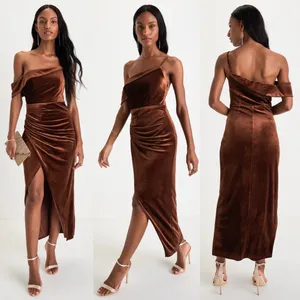 Lulus Brown Velvet Asymmetrical Tulip Midi Dress Womens XS EUC Sultry Romantic thumbnail 2