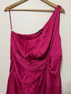 Abercrombie & Fitch Fuchsia Satin One Shoulder Ruched Midi Dress XL Wedding thumbnail 5