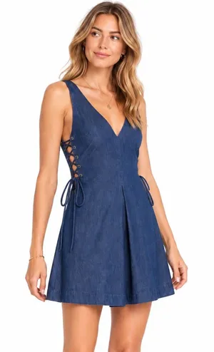 NWT INTERMIX Juniper Denim Chambray Denim Side Lace Up Mini Dress Size 10 thumbnail 1