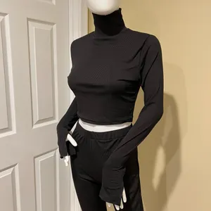 Knit Two Pieces Set Crop Top Mock Neck Blouse High Waist Flare Pants High Rise thumbnail 3