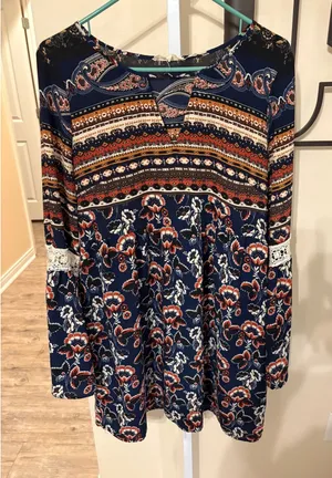 Entro Navy Blue Boho Floral Paisley Bell Sleeve Lace Accent Tunic Top Dress L thumbnail 1