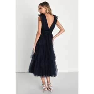 NWT Lulus Flawless Arrival Navy Blue Tulle Tie-Strap Tiered Maxi Dress Size L thumbnail 4