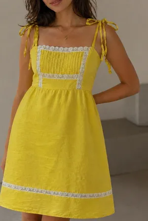 Reformation Women’s Square Neck Yellow Lace Tie Strap Sundress Mini Dress Rare thumbnail 1