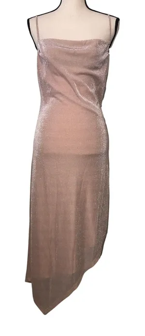 Revolve Donna Mizani Carrie Midi Dress Pink Nude Size S Metallic Asymmetric Hem Coquette thumbnail 1