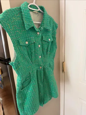 Peach Love California Green Tweed Sequin Utility Romper Size Medium Tournament thumbnail 3