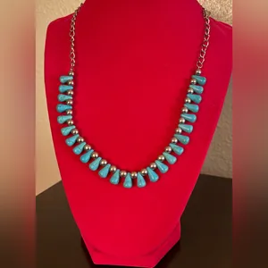 Vintage Turquoise Beaded Necklace | Silver Tone Statement | Southwestern Boho thumbnail 3