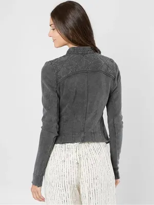 Free People Distressed Charcoal Gray Wash Cotton Shrunken Moto Jacket Size S thumbnail 2