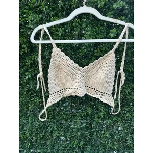 Handmade Crochet Bralette Top Cream Boho Festival One Size XS S Ivory Tie Back‎ thumbnail 2
