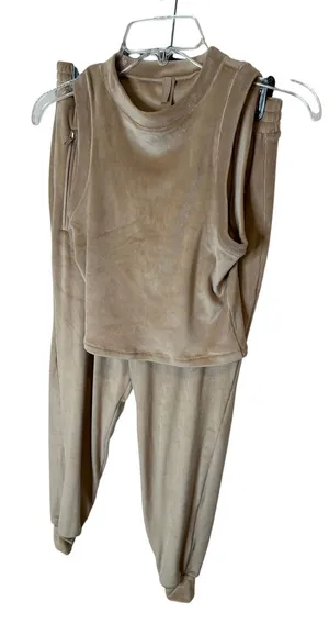 Skims Velour Sleep Set Sleeveless Crop Top Joggers Camel Beige‎ Womens Small thumbnail 1