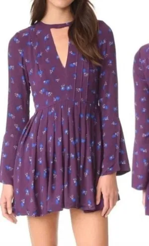 Free People Mini Dress Size 0 Purple Floral Long Sleeve‎ Choker Neck Pleated thumbnail 1