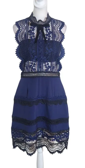 Self-Portrait Navy and Black Lace Cutout Cocktail Mini Dress Size 8 thumbnail 1