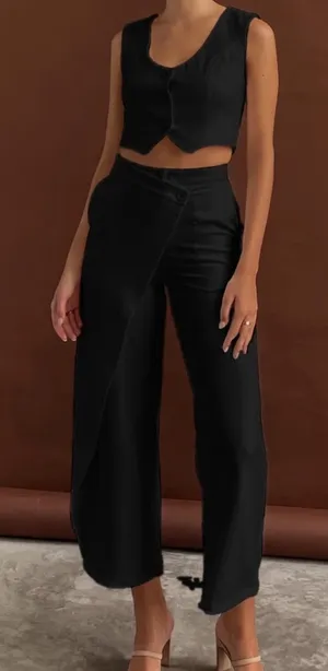 Commense Solid Asymmetrical Straight Leg Pants Set size small Black thumbnail 1