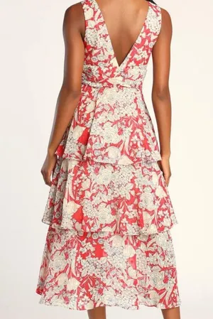 Tier Comes The Sun Red Floral Print Midi Dress thumbnail 2