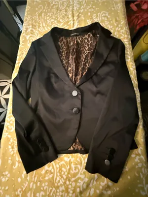 Express Black Satin Blazer with Leopard-Print Lining thumbnail 1