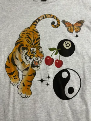 Gildan Light Gray Tee with Tiger, Butterfly, Cherries & Yin Yang Graphics thumbnail 5