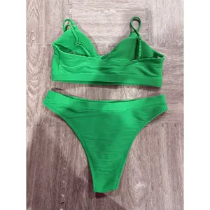 Womens Green Ribbed‎ 2-Piece Bikini Set Size XL Triangle Top High-Leg thumbnail 4
