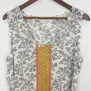 Garnet Hill Size 16 100% Silk Floral Tank Sleeveless Shirt White Yellow Feminine thumbnail 2