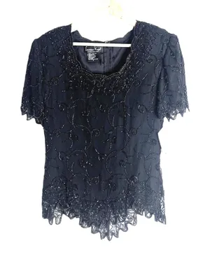 Laurence Kazar Beaded Silk Blouse Womens Small Black Short Sleeve Evening Top thumbnail 1
