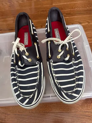 Sperry Black & White Striped Canvas Boat Shoes with Red Insole thumbnail 1
