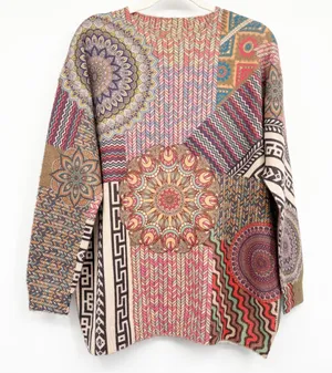 YesNo Womens Patchwork Earthy Mandala Boho Artsy Cotton Wool Knit Sweater Size M thumbnail 1