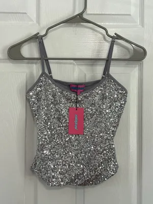 Edikted Y2K Silver Sequin Cami Tank Top Clubwear Disco Glam Party Size S NWT thumbnail 2