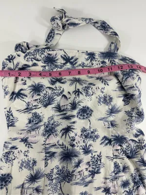 Coastal Linen Blend Halter Mini Dress Tropical‎ Toile Print Blue Ivory Womens M thumbnail 5