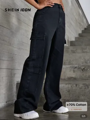 SHEIN Black Cargo Boyfriend Jeans thumbnail 2