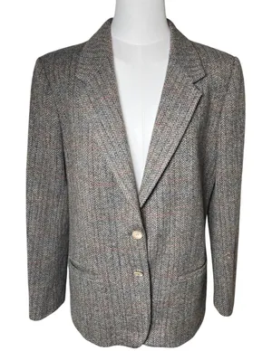 Vintage Academia Tweed Blazer Brown Herringbone‎ Haggar Women 14 thumbnail 1
