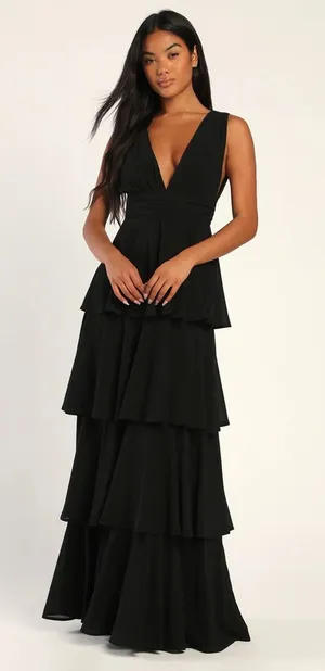 NWT Lulus Amazing Evening Black Tiered Maxi Dress Bridesmaid Wedding Prom Sz XS thumbnail 1