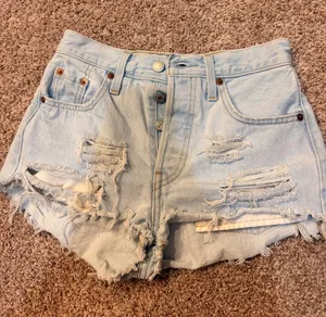 Levi's 501 Light Blue Distressed High-Rise Denim Shorts thumbnail 1