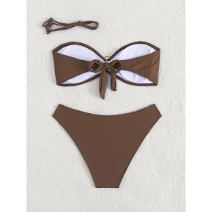 Tainehs Brown Strapless Bikini Tube Top Bandeau Mid Rise Swimsuit SMALL thumbnail 6