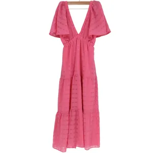Stile Collection Pink Tiered Maxi Dress Flutter Sleeve V-Neck Checkered Medium thumbnail 2